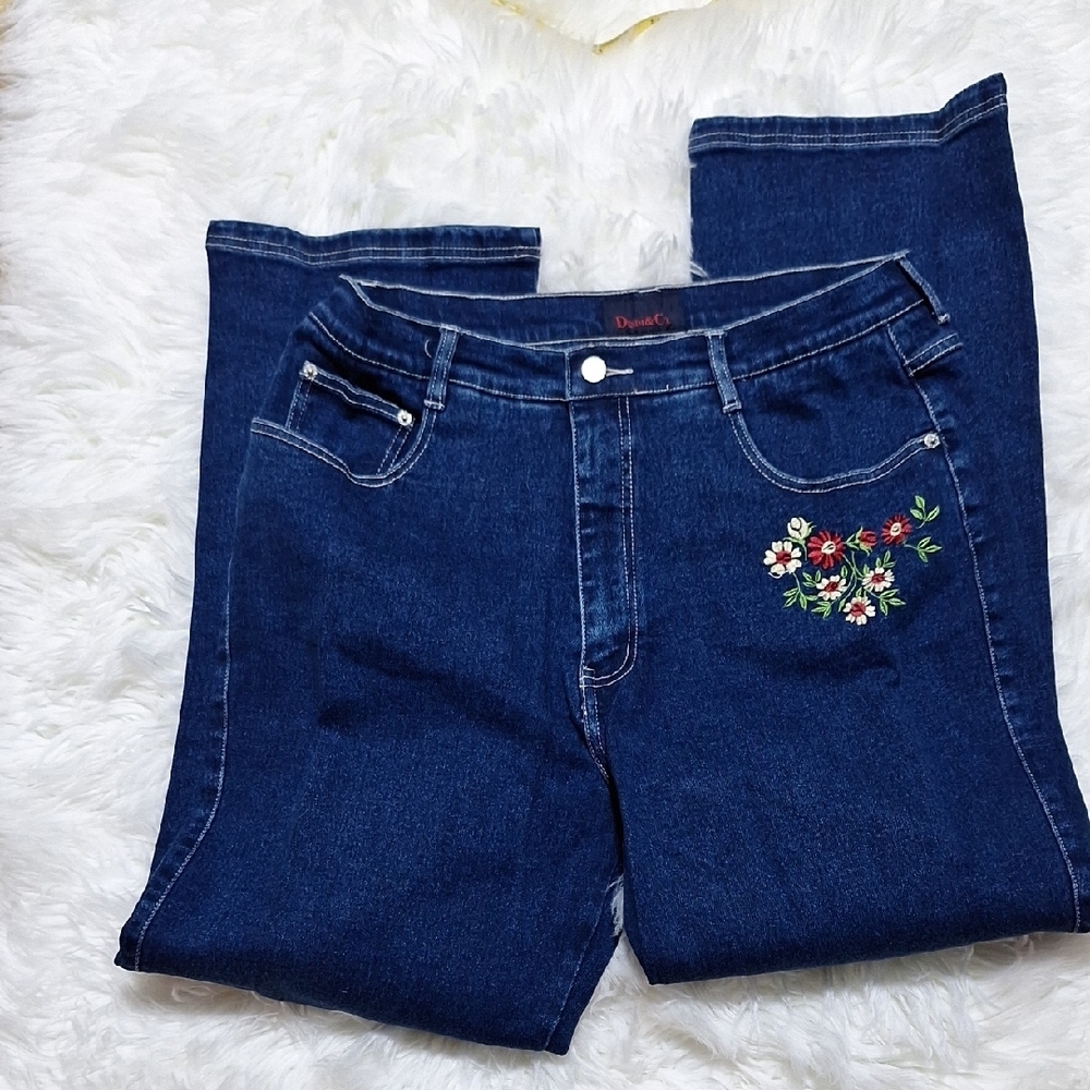 Denim&Co Dark Blue Straight Leg Jeans with Floral Embroidery